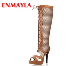 ENMAYER новая платформа Sexy Cut-Out Колено Высокие Летние Сандалии Женщины Мотоциклетные ботинки
