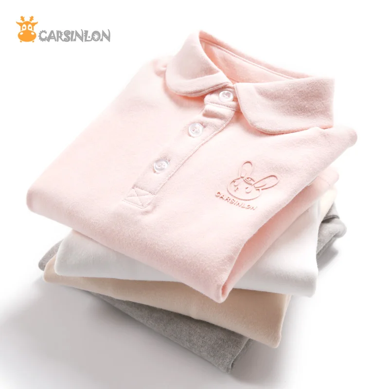Girls Polo Shirts Peter Pan Collar Thick Long Sleeve Solid Cotton
