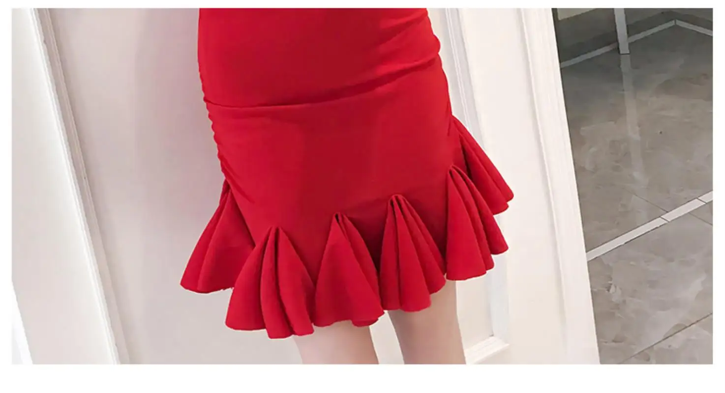 New 2018 Summer  Red Slim Dress  Women Formal Party Dress Women Sling  Sexy Bodycon Ruffles Fishtail Dress Free shipping