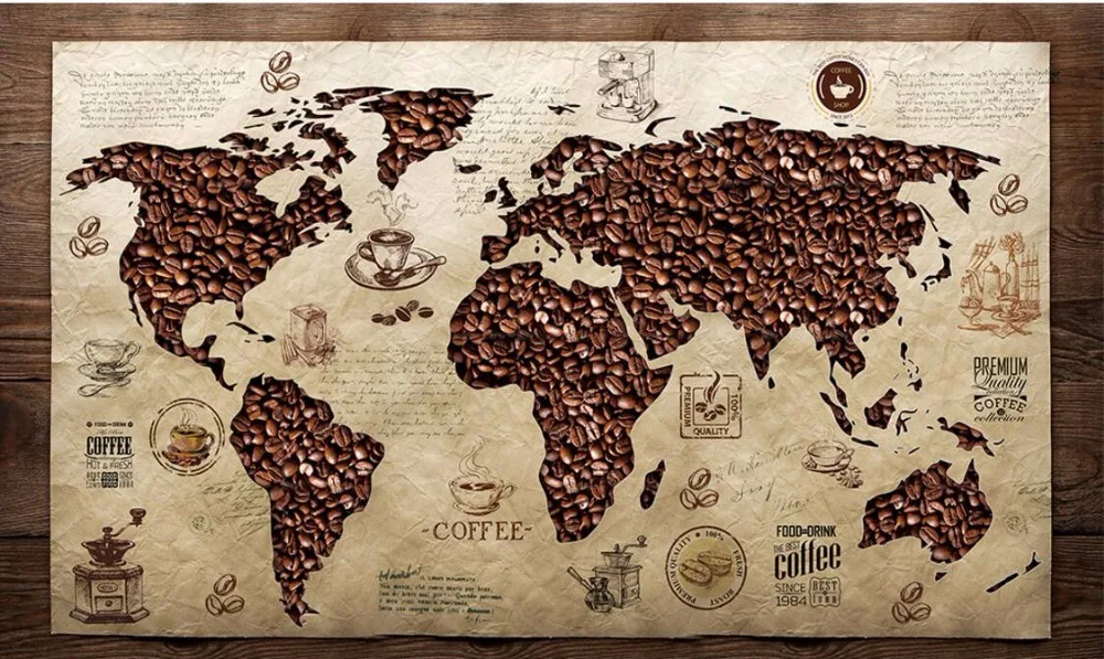 papel de parede Cafe world map Vintage wallpaper,coffee shop living room sofa TV wall bedroom restaurant bar 3d murals