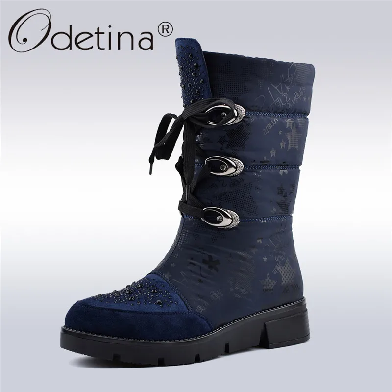 

Odetina Winter Keep Warm Women Snow Boots With Thick Plush Side Zip Lace Up Fashion Crystal Mid Calf Boots Platform Wedge Heels