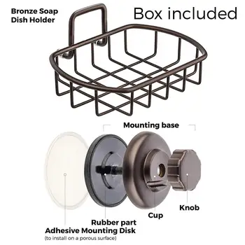 

Super Powerful Vacuum Suction Cup Soap Dish - Strong Stainless Steel Sponge Holder for Bathroom & Kitchen (Bronze)