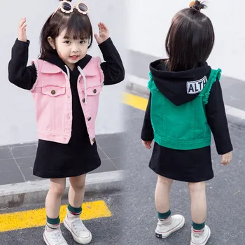 

2019 spring and autumn girls fashion clothing sets children's long sweater dress + vest two-piece vest suit kids hooded clothes