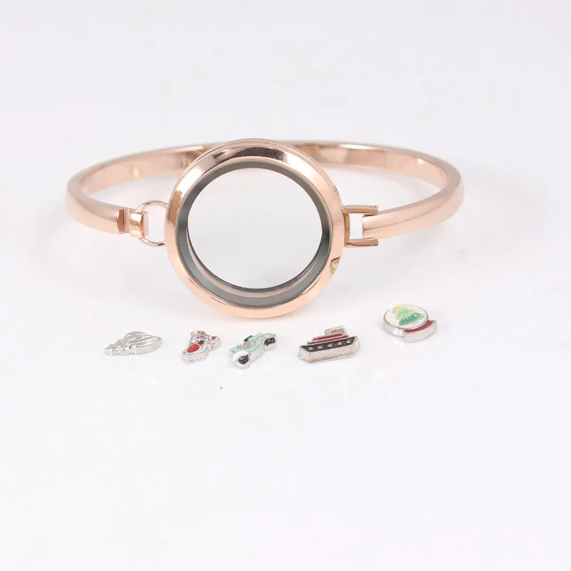Rose gold Stainless Steel Floating Locket Bangles Round Screw Plain Floating Living Locket Bracelets Bangles