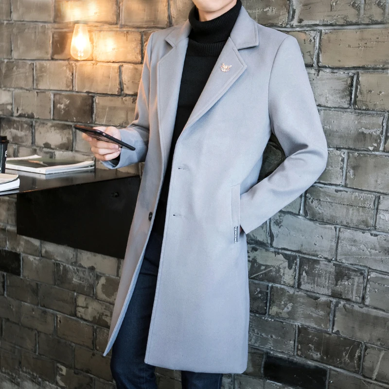 Новое зимнее шерстяное пальто для мужчин, длинное шерстяное пальто для отдыха, мужские однотонные повседневные модные куртки/повседневное Мужское пальто - Цвет: Gray