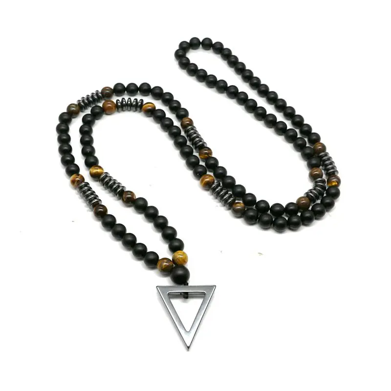 Дизайн, длинная цепочка на шею, 8 мм, тигровый камень, бусина, черный гематит, треугольное ожерелье, геометрическое ожерелье, Мужские Винтажные Ювелирные изделия