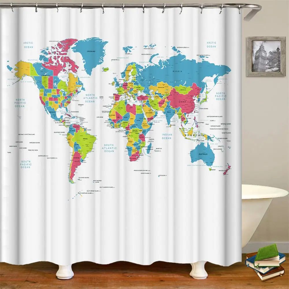 

World Map Waterproof Shower Curtains with 12 Plastic C-Type Hook