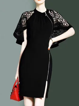 

5 Colors High Quality Black Lace Cloak Sleeve Front Zipper Rayon Bandage Dress Elegant Party Bodycon Dress