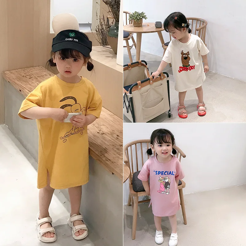 

New Kids Korean Tops Short Sleeve Girl Long T-shirt Pure Cotton Toddler Infant Girl Tshirt Outwear Rabbit/dog Cartoon Printed