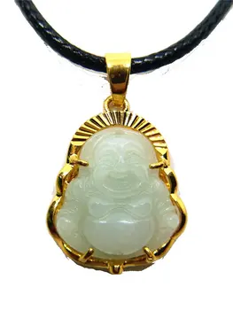 

Natural Burmese Jade A Titanium Steel Buddha Pendant Leather Rope Necklace Wholesale