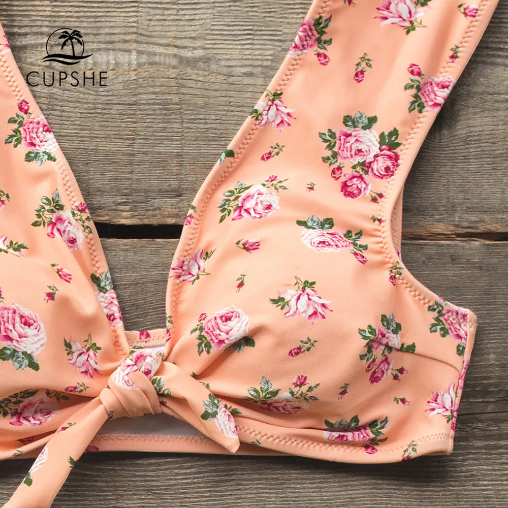 Billige CUPSHE Front knoten Rosa Blumen Und Grün High taille Bikini Sets Sexy Badeanzug Zwei Stück Bademode Frauen 2019 strand Badeanzug