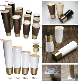 

4Pcs/Lot Solid Oak Wood Round feet leg furniture sofa cabinet bar Mid-Century Modern Bun Feet Brass Base Cup Sleeve tapered foot