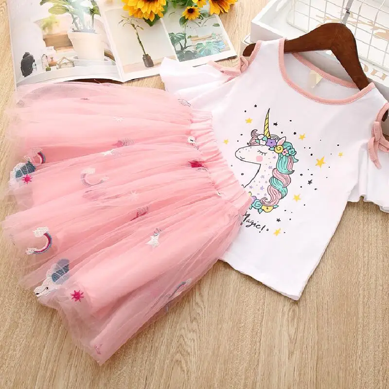 Toddler Kids Baby Girls Clothes Unicorn T-Shirt+Tulle Skirt 2PCS Birthday Outfits Suit Kids Children Summer Clothing Sets