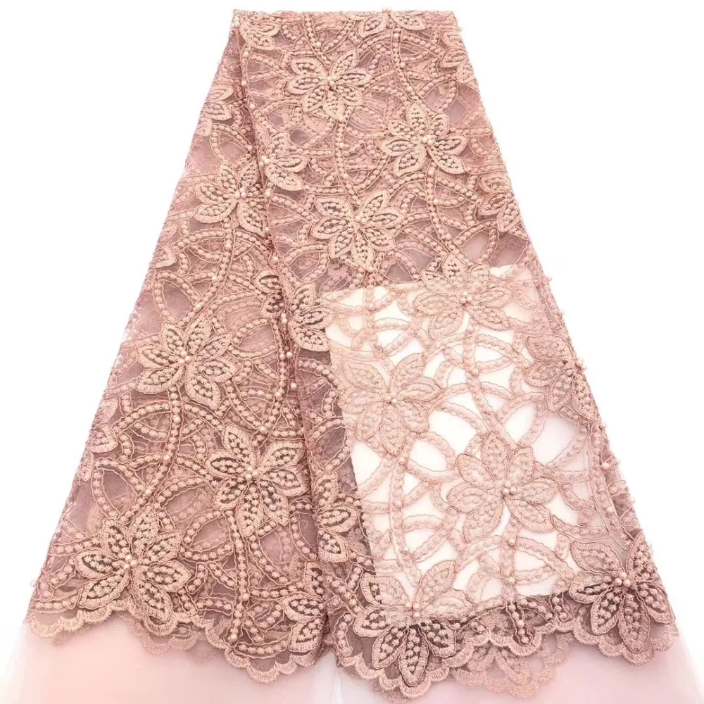 Peach 3D Lace Fabric 2019 Latest French Nigerian Laces High Quality African Beads For Wedding Dress 5yards | Дом и сад