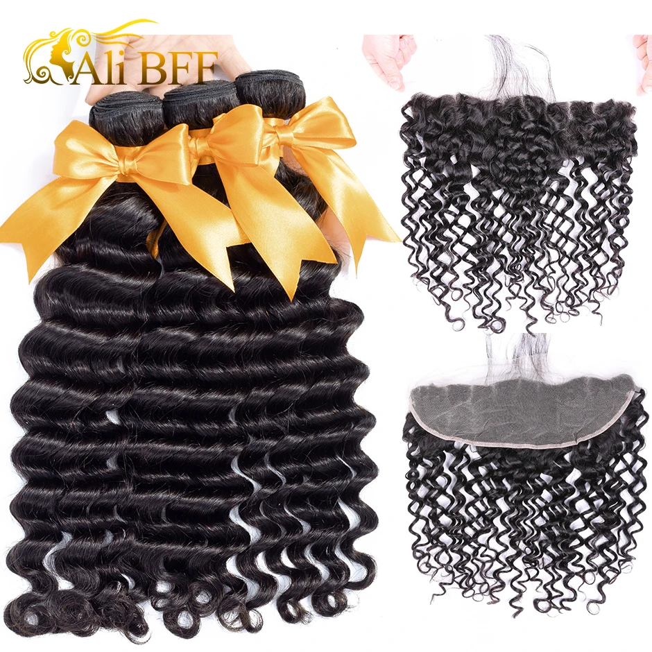 

ALI BFF Hair Deep Wave Bundles With Frontal Brazilian Hair Lace Frontal Closure With Bundle Remy Human Hair Bundles With Frontal
