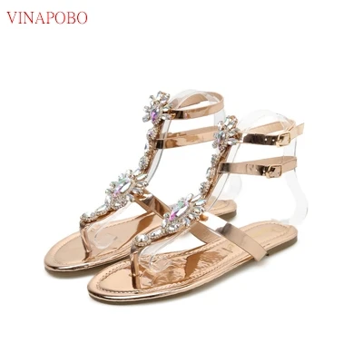 

Vinapobo Bohemia Rhinestones Chains woman Sandal New arrival Flat Crystal Flip Flops women' s sandals with jewels chaussures fem
