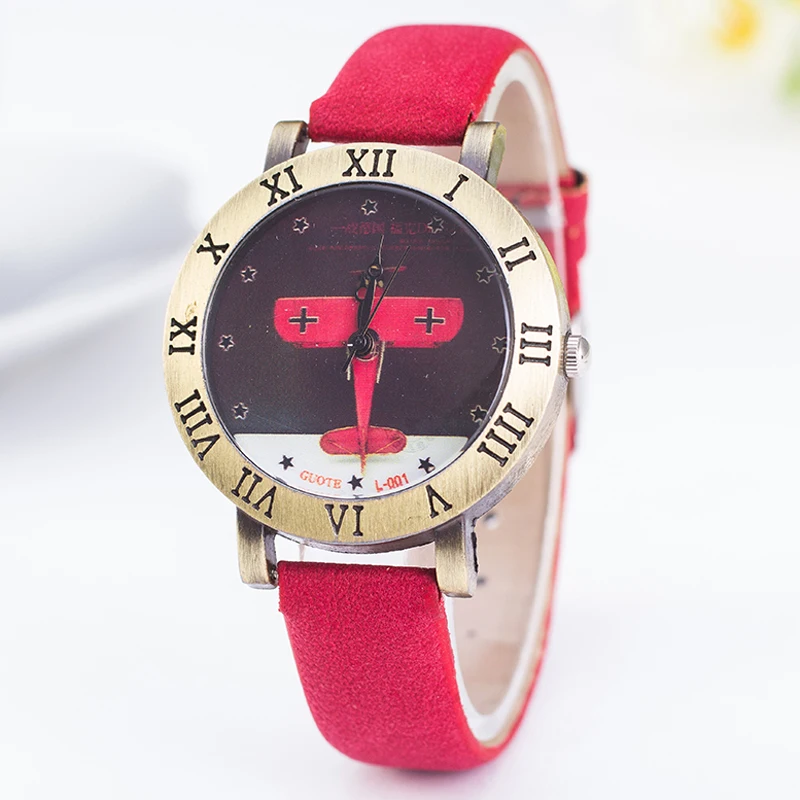

High Quality Brand Vintage Leather Strap Watch American cartoon airplane Watch Unisex Quartz Watches 922