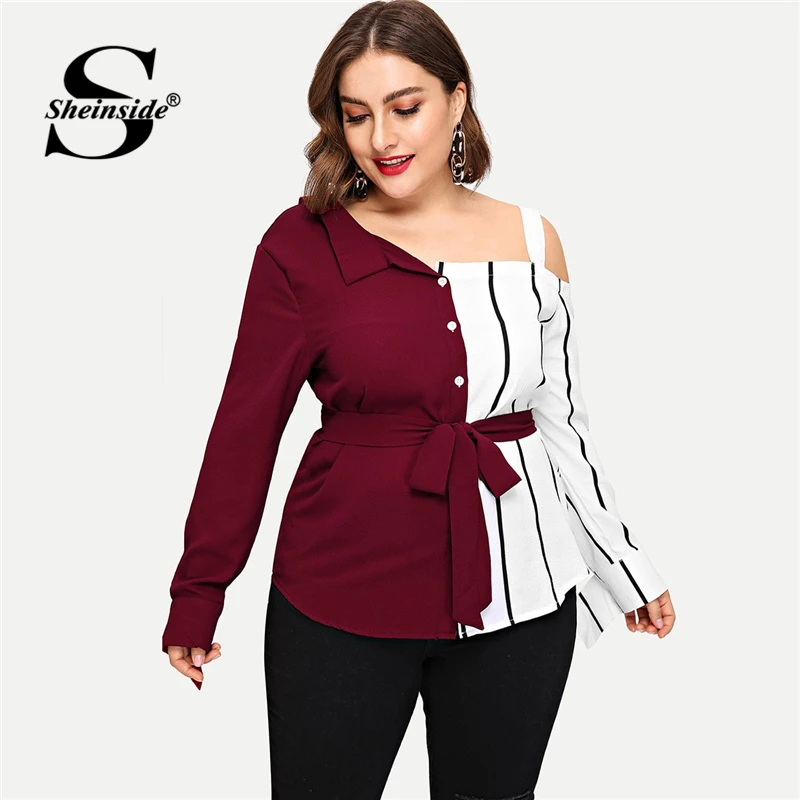 

Sheinside Plus Size Striped Panel Open Shoulder Women Blouse Belted Long Sleeve Ladies Tops Elegant Asymmetrical Neck Blouses