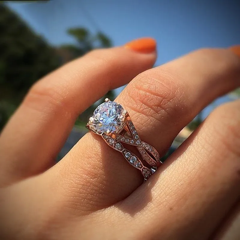 

8Seasons Rings Set Round White Rhinestone Jewelry Anniversary Proposal Gift Party Bridal Engagement Wedding Band Ring Size 6-10
