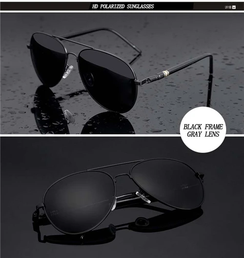 Поляризованные солнцезащитные очки с металлической оправой, мужские дужки на пружине, авиационные мужские солнцезащитные очки, фирменный дизайн, пилот, солнцезащитные очки для вождения, негабаритные - Цвет линз: Black Frame Grey
