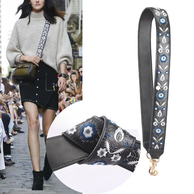 

110X4cm Fashion New Design Genuine Leather Ladies Handbag Shoulder Strap Replacement Flower Decor Embroidery Belts for Handbag
