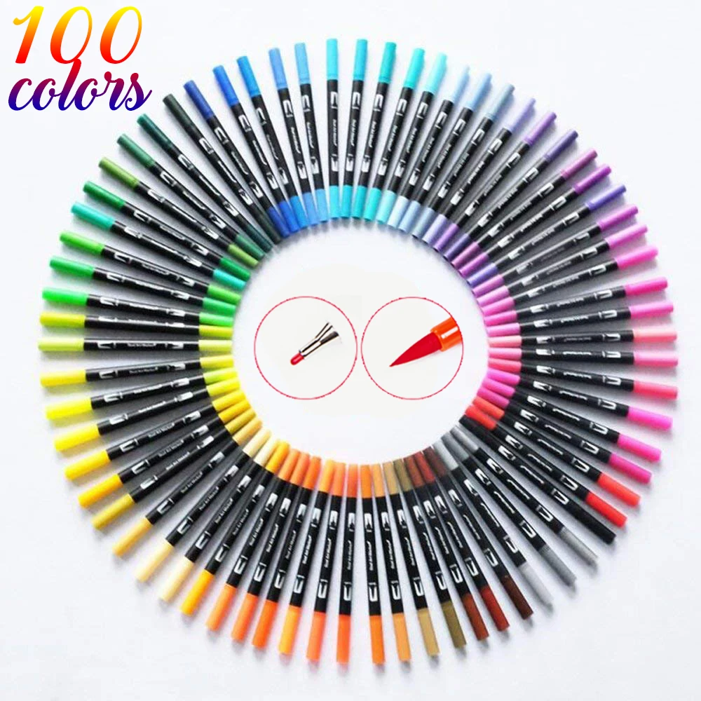 

100 Color Dual Brush Art Markers Pen Fine Tip and Brush Tip Great for Bullet Journals Adult Coloring Books Calligraphy Lettering