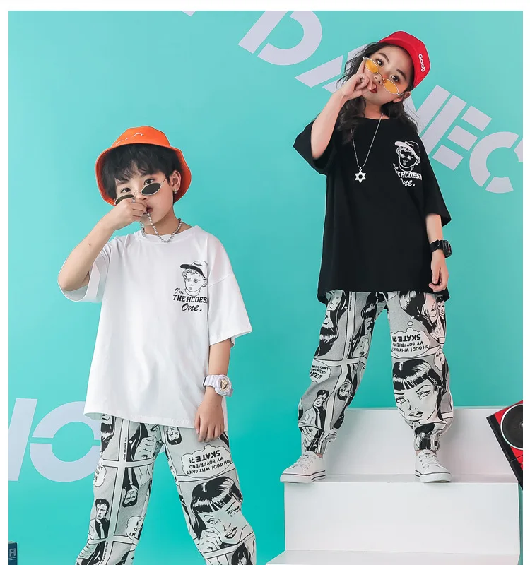 Крутая детская одежда в стиле хип-хоп свободная футболка для бега топы с рисунками, повседневные штаны для девочек и мальчиков, танцевальный костюм Одежда для бальных танцев
