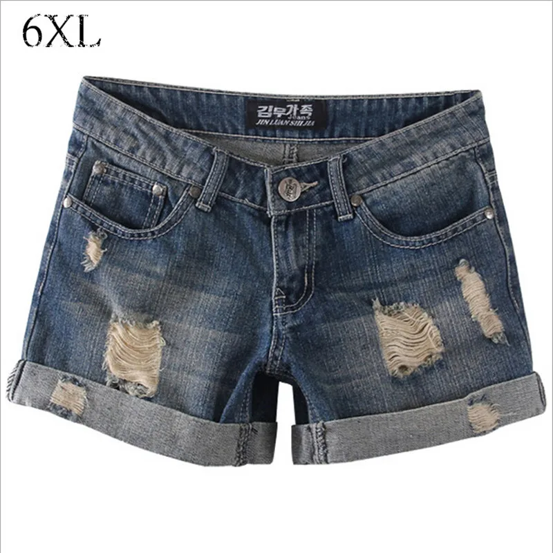 

6 EXTRA LARGE Shorts Jeans Plus Size Korean Version Was Thin Flange Hole Nostalgia Loose Large Size Ladies Jean Shorts
