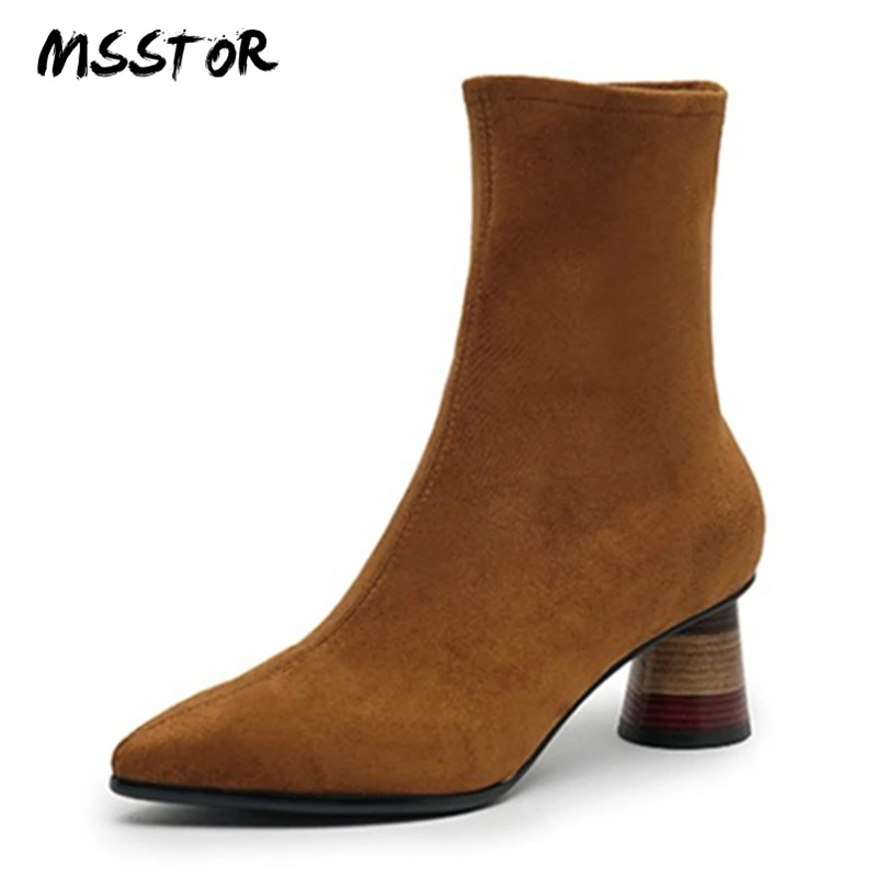 

MSSTOR Colors Heel Women Ankle Boots Sewing Fashion Elegant Office Flock High Heels Boots Pointed Toe Autumn Women Pumps 6CM