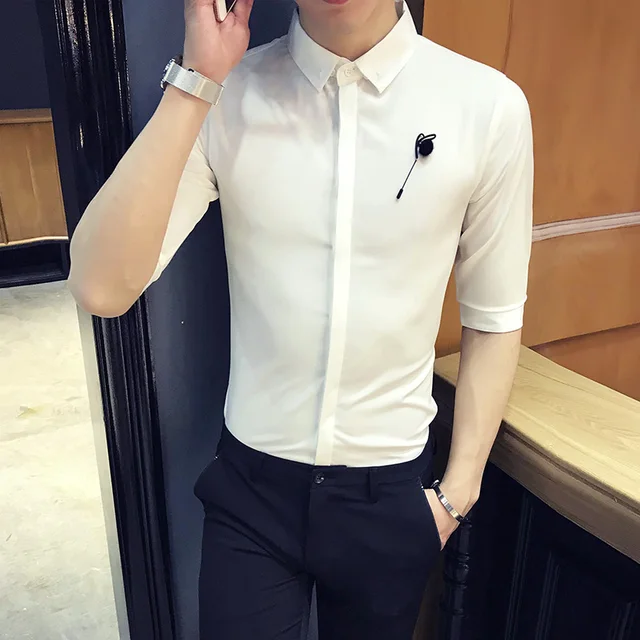 British Style Tuxedo Shirt 2018 Summer Slim Fit Half Sleeve Solid British Style Tuxedo Shirt 2018 Summer Slim Fit Half Sleeve Solid Dress Shirts Men Korean Simple