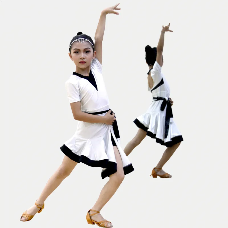 Новые белые и черные платья для латинских танцев; платье для латинских танцев для девочек; Детский костюм для латинских танцев для девочек