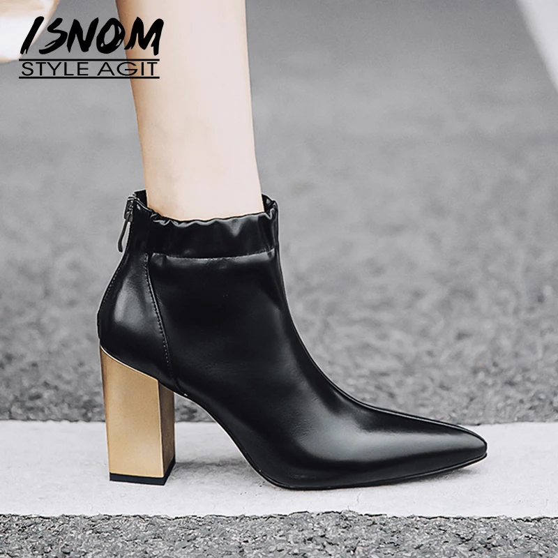 

ISNOM Genuine Leather Women Ankle Boots Zip Pointed Toe Footwear High Heels Female Boot Elastic Shoes Woman 2018 Winter New