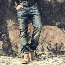 2016 Марка мотоцикла denim байкер джинсы мужчин Slim Fit Промывают винтаж Рваные джинсы для мужчин Эластичный Джинсовые Брюки узкие джинсы мужчины
