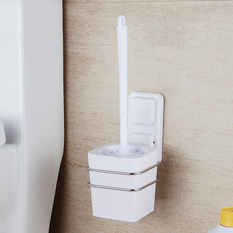 Sucker super power toilet brush storage set with brush stainless steel shelf thick shelf toilet brush cup holder LO5191348