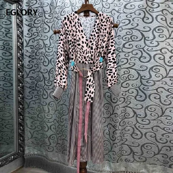 

Top Grade Designer Fashion Dress 2019 Summer Woman V-Neck Sexy Wild Leopard Striped Print Mid-Calf Long Sleeve Dress Tunic Party