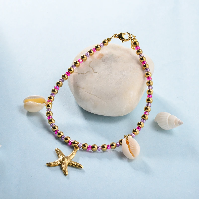 

Baoyan Handmade Colorful Natural Stone Beads Bracelet Femme Female Gold Stainless Steel Starfish Shell Charm Bracelets For Women