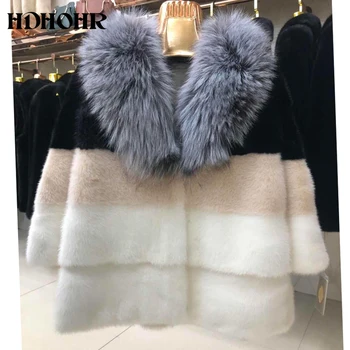 

HDHOHR 2019 New 100% Real Import Mink Fur Coat For Women With Silvr Fox Fur Collar Casual Real Fur Coats Short Outerwear Jacket