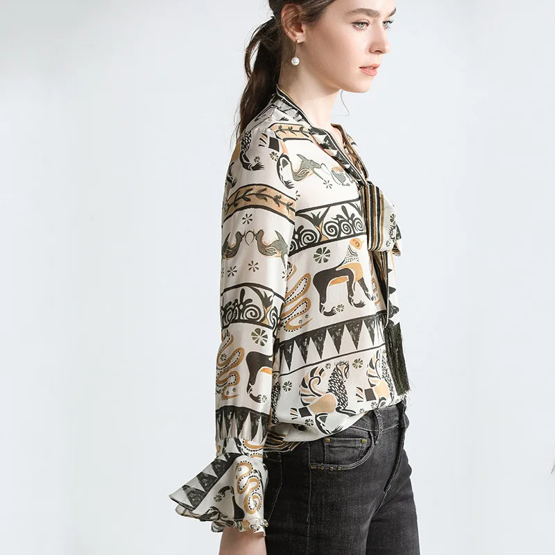 100% Silk Women Spring and Summer Jacket Sexy V-neck Trumpet Sleeve Print Fashion Elegant Women