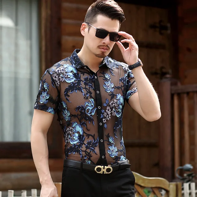 Embroidery Men Transparent Shirt 2018 Summer New Sexy Lace Shirt For ...