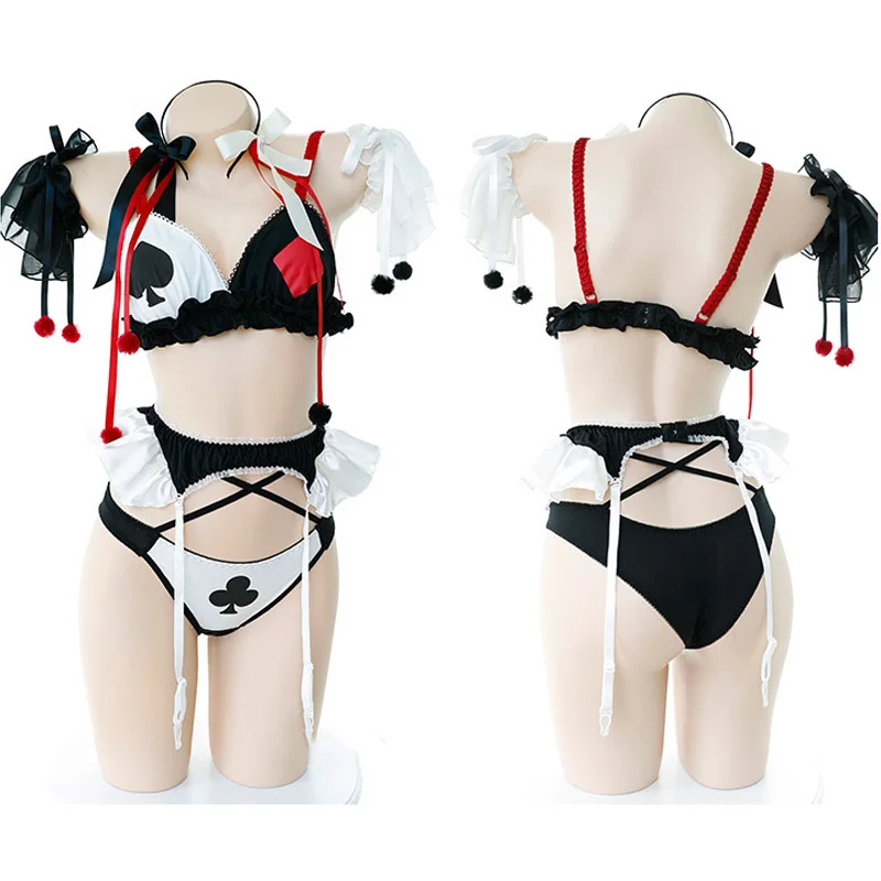 Cosplay&ware Harley Quinn Cosplay Costume Sexy Clowns Poker Lingerie Set Lolita Underwear Panties Bondage Kawaii Nightwear Caitsuit -Outlet Maid Outfit Store