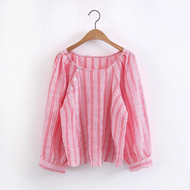 PERHAPS U women o neck red white striped lantern sleeve three quarter button high street loose blouse shirt B0049 |