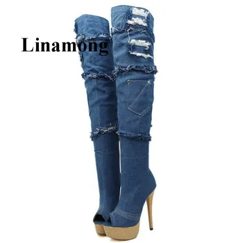 

Fashion Spring Autumn Denim Boots Platform Peep Toe Thin High Heel Over-The-Knee Sexy Women Boots