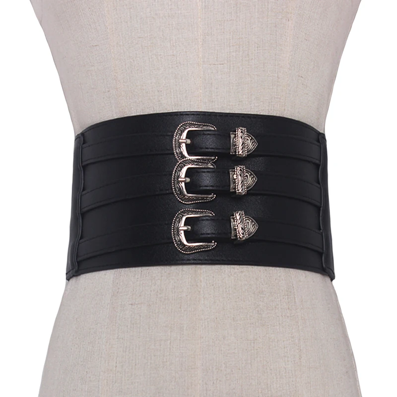 Fashion Women wide Belt three rows metal buckle Soft Leather Bowknot Body Shaping elastic Wide