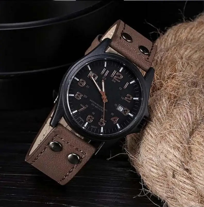 Горячая Распродажа, брендовые новые мужские модные спортивные часы, мужские военные кожаные высококачественные кварцевые наручные часы коричневого цвета