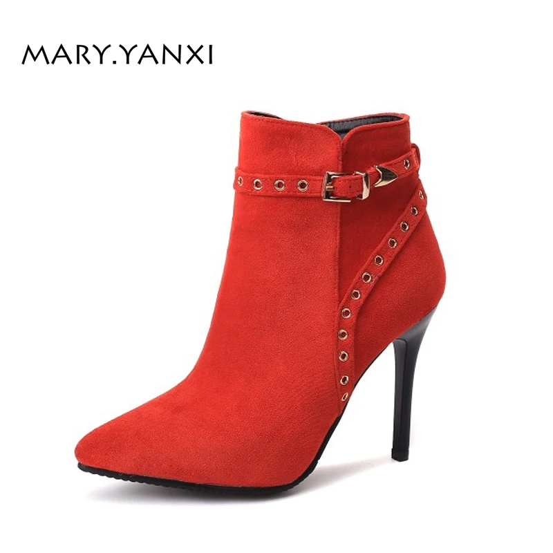 

Spring Autumn Winter Women Shoes Ankle Martin Chelsea Boots Solid Zip Flock Pointed Toe High Heel Fashion Short Plush Metal