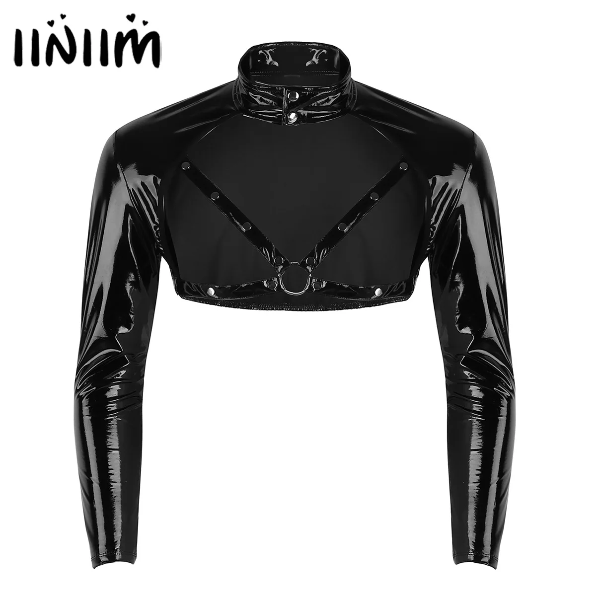 

Brand New Mens Wetlook Long Sleeve Stand Collar Studded Muscle O Ring Front Half Top Sexy Nightclub Clubwear Costume Tops