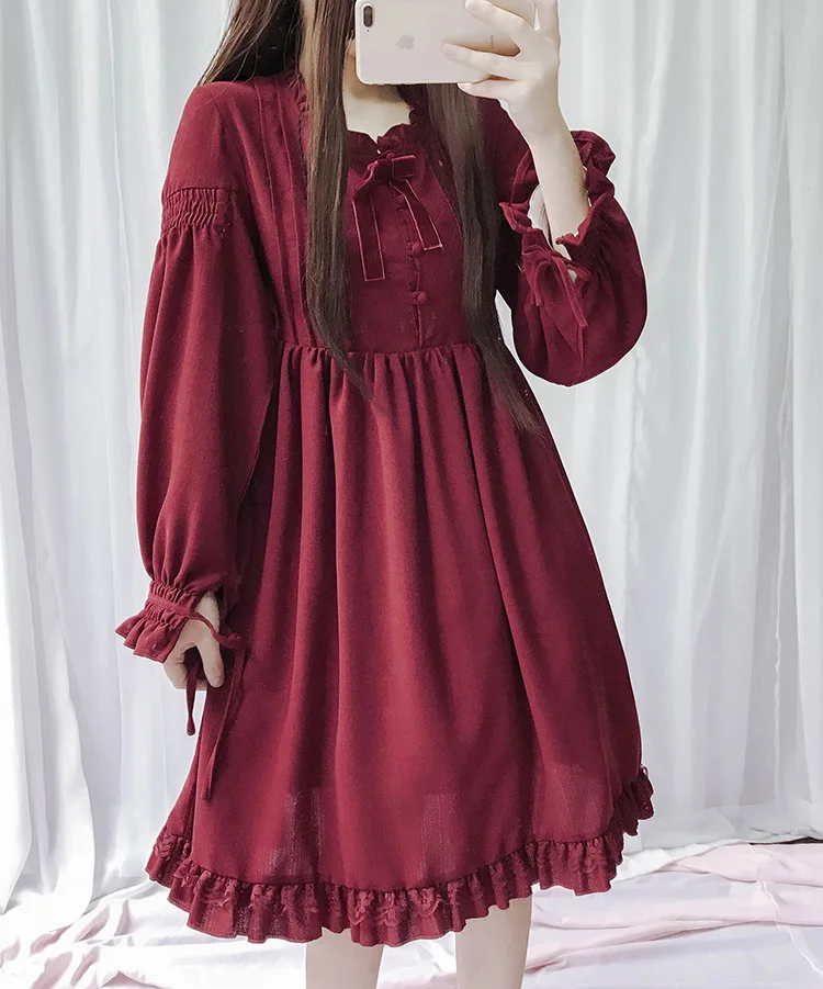 

Sweet Lolita Dress Women Black pink Princess Maid Long Sleeve Vintage Dresses