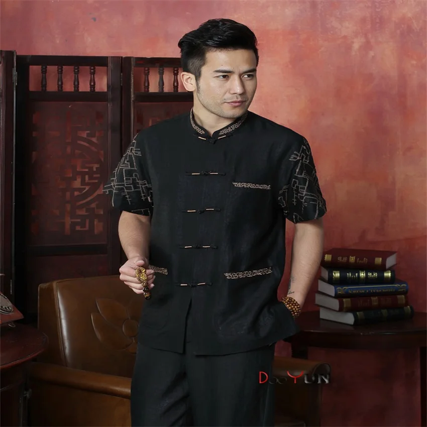 Black Chinese Men's Kung Fu Tops Embroidery Shirt Classic Mandarin