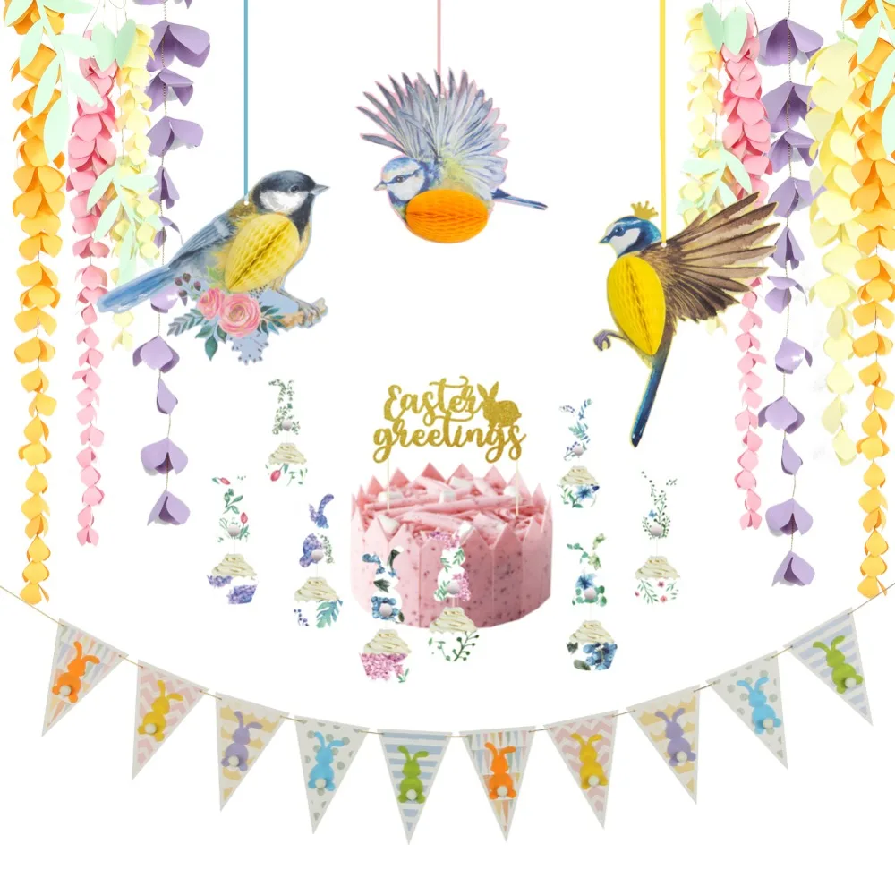

Happy Easter DIY Party Decoration Set Easter Bunny Rabbit Banner Cake Topper Cupcake Wrapper Honeycomb Birds Spring