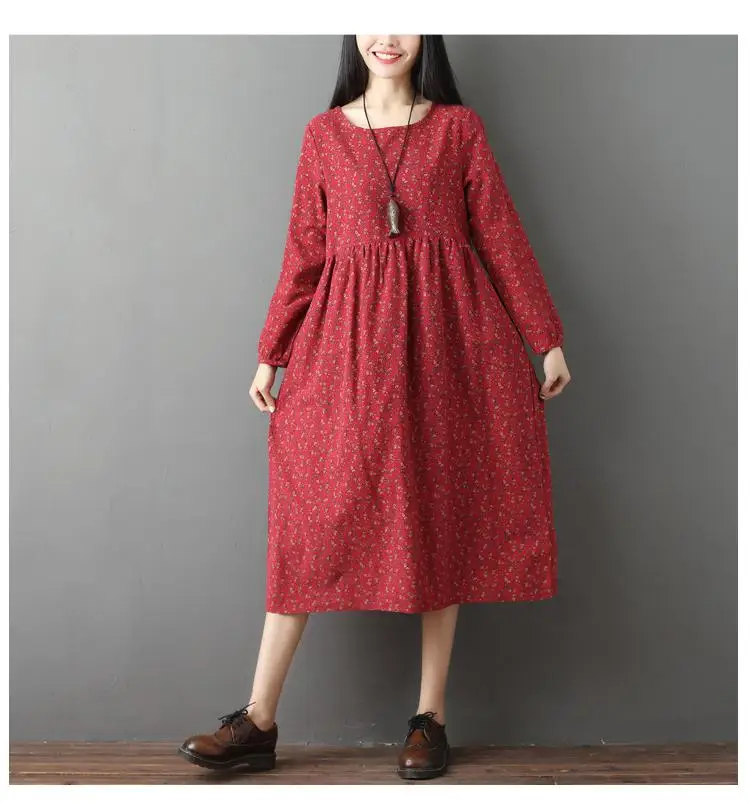 Mori Girl весна осень Женское винтажное платье с круглым вырезом синий красный цветочный принт Elbise длинный рукав повседневное свободное миди платье Femininos - Цвет: Красный